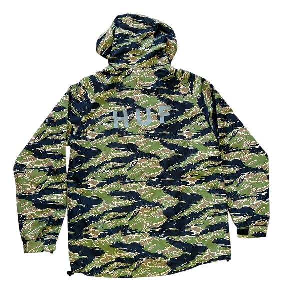 HUF Camo Jacket Windbreaker Mens Med Green Black Streetwear Urban Utility Skater - Picture 2 of 16